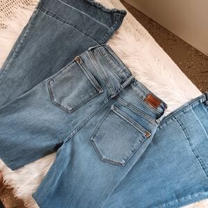↠ Judy Blue High Rise Vintage 70s Frayed Flare Leg Denim Blue Jeans